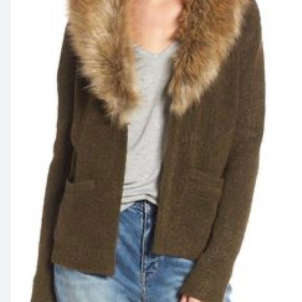 Hinge Brown Cardigan with Faux Fur Collar